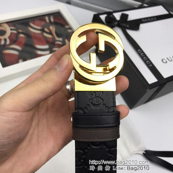 GUCCI古馳 官網新款 原單品質 頭層小牛皮壓花 咖啡色頭層皮底 旋轉雙G扣 男士皮帶  xfp1455